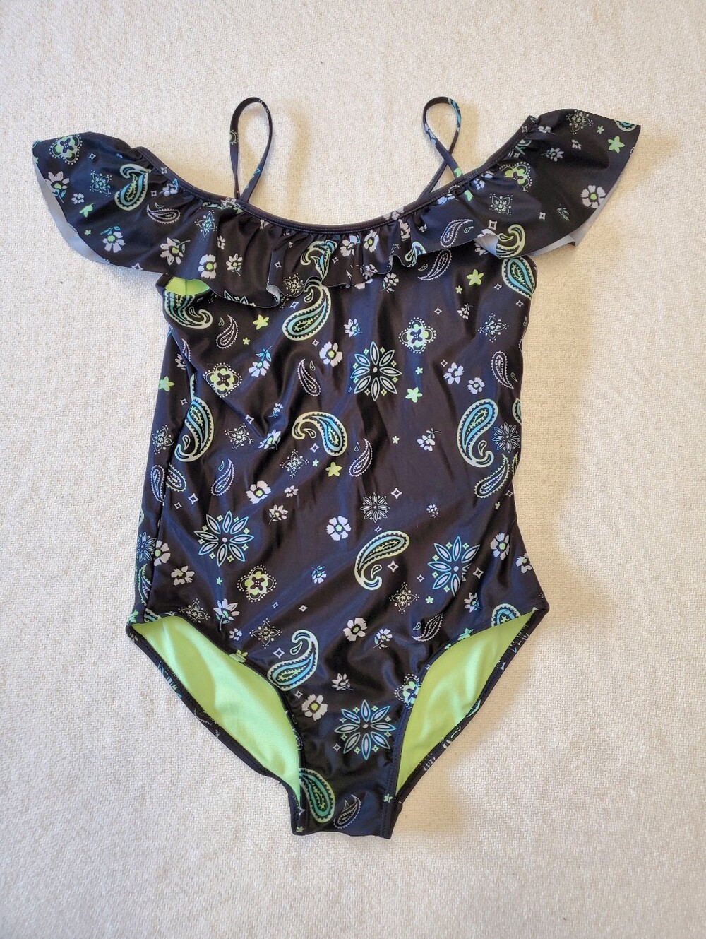 Justice Girls XL 16/18 One Piece Swimsuit Black Green Paisley Ruffle Bandana